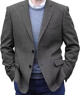 Blazer masculino de tweed com 2 botões, leve, espinha de peixe, casual, para casamentos, padrinhos, bailes de formatura, Cinza, 3G