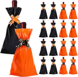 Whaline 50 peças de sacos de celofane para garrafa de vinho de Halloween, saco de presente de vinho com laços de puxar preto e laranja para decoração de mesa de festa, presente de casa