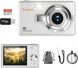 Câmera digital 1080P FHD 4k com tela LCD de 2,4", compacta e portátil para vlogs e fotos, com cartão SD de 32GB e zoom digital de 16x para adolescentes, estudantes e iniciantes. (branco)