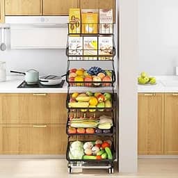 Fruteira de Chão Cozinha, Armazenamento de Frutas e Verduras, Carrinho Organizador de Cozinha de 6 Níveis com Rodas de Bloqueio, Ideal para Cebolas, Batatas, Verduras