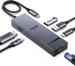 UGREEN Revodok Pro 6 em 1 USB C Hub, Adaptador Gigabit Ethernet com 4K 60Hz HDMI, 100 W PD, Portas de Dados USB A&C 3.2 de 10 Gbps Compatível com Mac M1/M2/M3, iPad, iPhone 16 Pro/Pro Max, Steam Deck