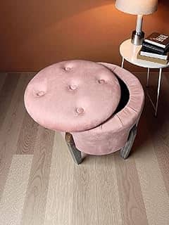 Puff gui baú, Redondo Estofado em Veludo Rosa, com Botões Decorativos, Estilo Moderno, pix