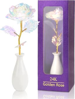 Presentes de Dia dos Namorados com flor de rosa artificial arco-íris com haste de folha dourada e vaso de cerâmica presentes para ela, namorada, presentes de rosa para mulheres, esposa, presentes