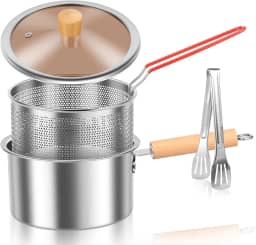 Panela de fritura de aço inoxidável panela de fritadeira japonesa com tampa braçadeira de alimentos e escorredor de óleo, 7 × 7 × 4 polegadas economia de óleo pequena fritadeira profunda para