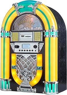 Arkrocket Athena Mini Jukebox/CD Player de mesa/alto-falante Bluetooth/rádio/USB e leitor de cartão SD com sistema de iluminação LED retrô