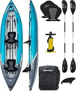 Driftsun Rover 220 caiaque inflável em tandem, caiaque em água branca com piso de alta pressão e assentos acolchoados em EVA, suporte alto nas costas, suporte para câmera de ação, pás de alumínio e bomba