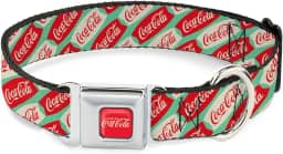Coleira para animais de estimação The Coca-Cola Company, coleira de cachorro, fivela de cinto de segurança de metal, logotipo da marca Coca Cola Script Verde Vermelho Branco, 38 a 61 cm de largura