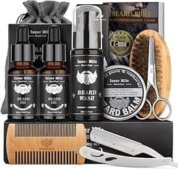 Comfy Mate Kit de Barba Isner Mile - Kit de Cuidados com Barba Completo com Xampu, Óleo, Bálsamo, Escova, Pente, Tesoura e Bolsa de Armazenamento - Presente para Homens