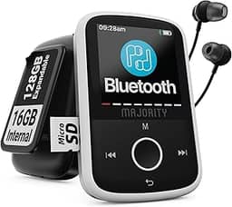 Leitor de MP3 com Bluetooth e clipe esportivo | Fones de ouvido incluídos, expansível para 128 GB | Leitor de música MP3 Bluetooth, tela colorida HD, 34 horas de vida útil da bateria | SD e USB-C |