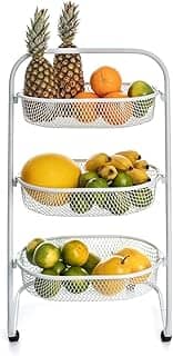 Metaltec Fruteira De Chão Em Aço Resistente Com Rodinhas Multiuso Carrinho Organizador 3 Cestos para Cozinha Reforçado - Branco