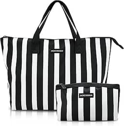 KIT DE BOLSA 2 EM 1 TRANSPARENTE BOLSINHA COM ALÇA FLORAL E LISTRAS PRAIA PISCINA COLECTION BEM ME QUER JACKI DESIGN PRETA