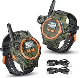 1 par de Walkie Talkies USB recarregável para crianças, Walkie Talkie de longo alcance bidirecional com bússola, lanterna e hora e data ajustáveis, equipamento de acampamento portátil para crianças