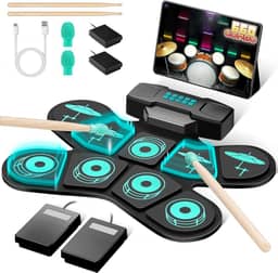 VEDO Kit de Bateria Eletrônica Portátil VD-SJG: 9 Pads com Alto-Falantes Duplos, Design Dobrável, Conexão MIDI/Jogos, Bateria de 4h - Presente Musical Perfeito para Iniciantes e Crianças