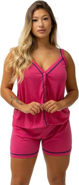 Pijama Baby Doll Curto Feminino Americano Blogueira Aberto com Botões