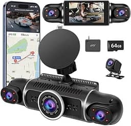 Câmera de painel frontal e traseira de 360° FHD 2K + 1080px3 para carro, interior/traseiro 170° + 2x150° amplo angular de 170° + 170°, 8 lâmpadas infravermelhas, visão noturna, WiFi, GPS, aplicativo