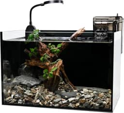 Kit de aquário Nano Nature, aquário de mesa de vidro transparente com filtro de cachoeira e luz para iniciantes e crianças manterem peixes Betta, peixes dourados, camarões e plantas aquáticas (preto