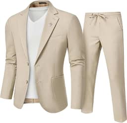 Terno masculino de linho, 2 peças, ajuste regular, jaqueta leve com dois botões e calça para casamento na praia, formatura de verão