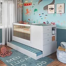 Berço Cama Multifuncional Completo com Cama Auxiliar Trocador 3 em 1 Branco