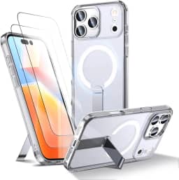 Capa para iPhone 17 Pro Max Capinha - Compatível com MagSafe, com protetor de ecrã temperado de 2 peças, estojo ultrafino resistente a choques e quedas com suporte ajustável - Transparente