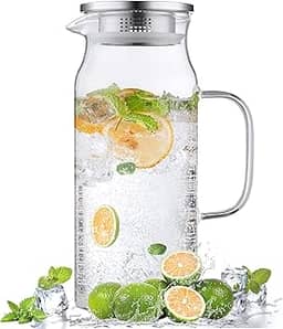 Bivvclaz Jarra de vidro de 2 litros com tampa e alça, jarra de vidro para água quente/fria, grande jarra de chá gelado para café, suco e bebidas caseiras