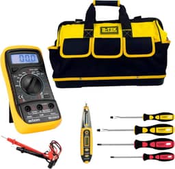 kit eletricista profissional com Bolsa Reforçada + Caneta Detectora + Kit Chave Philips e Fenda + Multímetro Digital