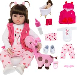 Boneca Bebê Reborn Menina Realista de Silicone com Girafinha Rosa e Roupas Luxo 48 cm Pode Tomar Banho