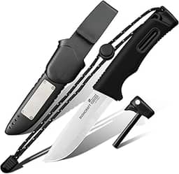 HX OUTDOORS Faca Bushcraft extra afiada, faca de acampamento de sobrevivência de lâmina fixa de aço inoxidável 5Cr15MoV com acionador de fogo e bainha de plástico para atividades ao ar livre, mochila