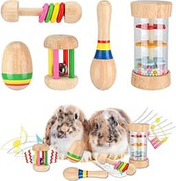 MEWTOGO 5 peças de brinquedos de coelho de madeira – brinquedos de coelho seguros, brinquedos multicoloridos resistentes a mordidas de porquinhos-da-índia para chinchilas, hamsters, pequenos animais