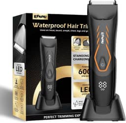 ENSSU Aparador de pelos corporais Manscape para homens, aparador de pelos da virilha pubiana para homens com lâmina segura, barbeador de bolas sem fio masculino com luz, base de carregamento, aparador (laranja)