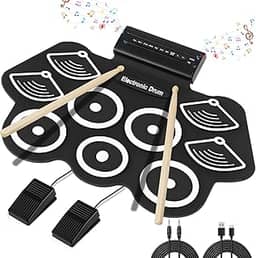 Kerdele Almofada de Prática de 9 Tambores, Conjunto de Almofadas de Bateria Eletrônica Com Pedais e Baquetas, Bateria Eletrônica Portátil, Conjunto de Bateria Elétrica