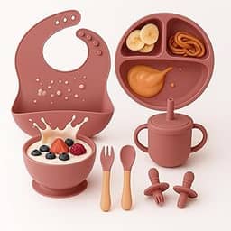 Conjunto Kit Introdução Alimentar Prato com Divisórias de Silicone Com Ventosa 8 Peças, Copo com Bico, kit Talheres, Colheres e garfos com ponta de silicone, Tigela e Babador (Vinho)