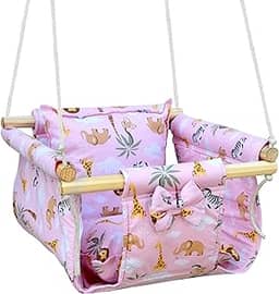Balanço Bebê Infantil Tecido Madeira Corda Com Almofada (Rosa-Zoo)