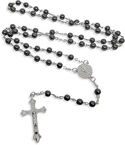 Terço Colar de Pescoço Masculino de Hematita Pedra Preta Negra São Bento com Crucifixo de Metal Unissex