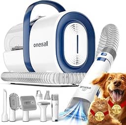 oneisall Aspirador para banho e tosa de cães, aspirador de cuidados para animais de estimação com cortador e lixador de unhas, copo de pó de 1,5 L, escova a vácuo com 7 ferramentas para banho e tosa