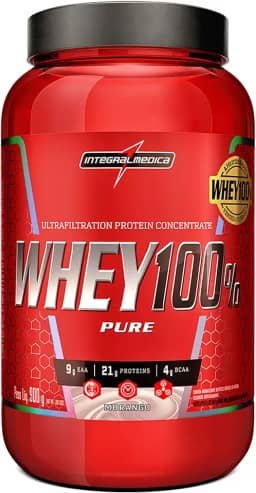 Integralmedica - Whey Protein Concentrado Morango 100% Pure - 21g de Proteína por Scoop, Suplementação Alimentar Pós-Treino, Fórmula Enriquecida com BCAAs - Pote 900g