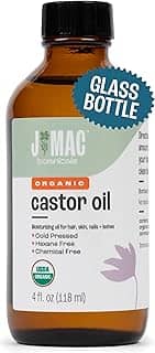 J MAC BOTANICALS Óleo de Rícino Orgânico Prensado A Frio (Garrafa de Vidro, 4 Onças, Sem Conta-Gotas), Óleo de Rícino Puro Sem Hexano para Rosto, Pele e Cílios