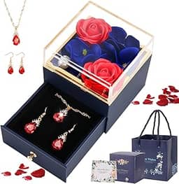 Caixa Rotativa Rosa Eterna, Presente Mulher, com Colar E Brincos para Caixa de Presente de Joias Flor de Rosa, Presente Feminino, Rosa Eterna, Colar Feminino, Presente para Mãe