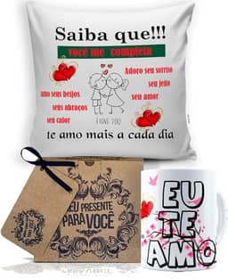 Almofada 40X40 + Caneca Branca Mundo Dos Namorados, Saiba Que Eu Te Amo, Saiba Que!!! Voc� Me Completa, Te Amo Mais a Cada Dia