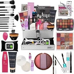 Kit Maleta de Maquiagem Completa Qualidade Premium, 12 Pinceis Profissional Macria + kit de Maquiagem + Kit de Acessorios - COR DA BASE MÉDIA
