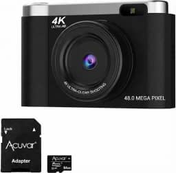 Acuvar Câmera Digital 4K Para Fotografia Com Foco Automático, Vlog De 48 Mp No Youtube, Cartão Sd 64 Gb, Tela Flip 2,8", Zoom Compacto Viagem 8X, Flash, Antivibração, Bateria Recarregável