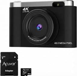 Acuvar Câmera Digital 4K Para Fotografia Com Foco Automático, Vlog De 48 Mp No Youtube, Cartão Sd 64 Gb, Tela Flip 2,8", Zoom Compacto Viagem 8X, Flash, Antivibração, Bateria Recarregável