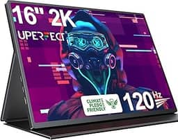 UPERFECT Monitor portátil para jogos 2K 120Hz, 16 polegadas, 2560 x 1600 QHD, monitor portátil de 500 Nits HDR FreeSync com VESA e funda inteligente, mate, IPS, cuidado dos olhos,