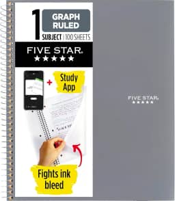 Five Star Caderno espiral + app de estudo, 1 assunto, papel pautado em gráfico, combate o sangramento de tinta, capa resistente à água, 21 cm x 28 cm, 100 folhas, cinza (620000AA3)