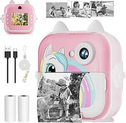BAZIK Câmera Fotográfica Infantil, Câmera Digital Infantil que Imprime 20MP 1080P, Tela 2,4', Zoom 6X, Impressão Térmica 200 dpi, Vídeo, Time Lapse, Jogos, Portátil com Papel de Impressão – Rosa