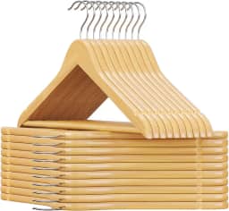 Pacote 10 Cabides Reforçados de Madeira Natural para Ternos, Camisas e Blazers com Acabamento Premium, Barra Antiderrapante e Gancho Rotativo 360º