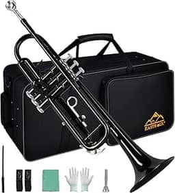 EASTROCK Conjunto de trompete padrão Bb Trumpet com estojo de transporte, luvas, bocal 7C e kit de limpeza (preto)