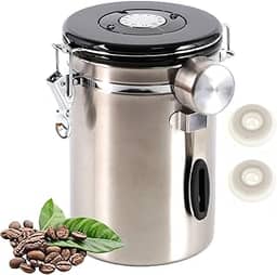 SUEIANNMN Vasilha de Café de 1,8L Hermética, Recipiente de Armazenamento de Café de 26 Onças Frasco de Café Hermético de Aço Inoxidável com Colher, Rastreador de Data, 2 Válvulas de Liberação de Co2 E