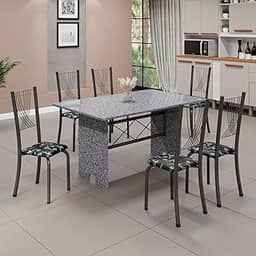 Conjunto de Mesa Tampo de Granito Ocre com 6 Cadeiras Lorena Yescasa Preto Floral/Mart Prata