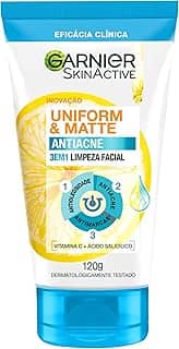 Garnier Uniform & Matte Antiacne Sabonete Facial 3 em 1, com Ácido Salicílico, Reduz Oleosidade e Marcas de Acne, Efeito Matte, Limpa, Esfolia e Atua como Máscara, 120g