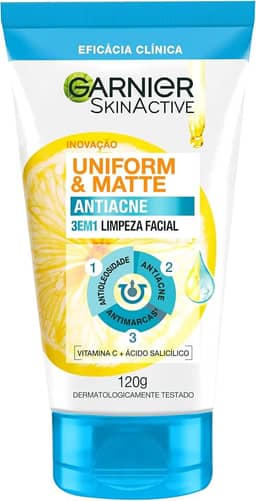 Garnier Uniform & Matte, Sabonete Facial 3 em 1 Antiacne, Tratamento com Ácido Salicílico e Vitamina C para Pele Oleosa, Ação Antioleosidade e Antimarcas, 120g